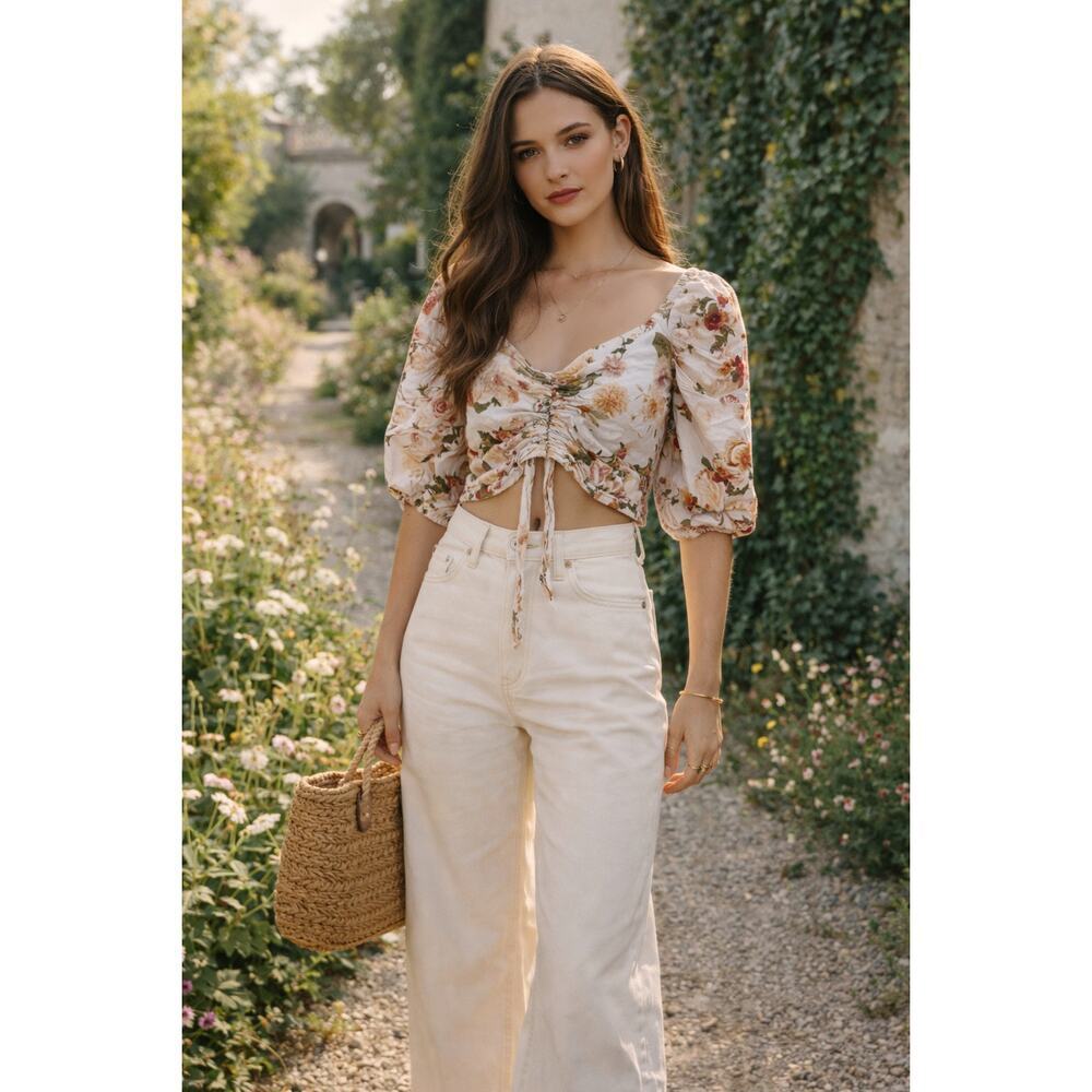 Mind Code Floral Crop Top L‎ Tie Front Puff Sleeve Cottagecore Milkmaid Festival